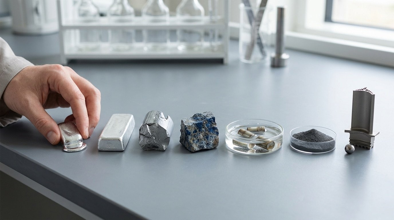 The seven rare metals — gallium, indium, germanium, cobalt, lithium, tantalum, rhenium — used in chips, batteries, and jet engines