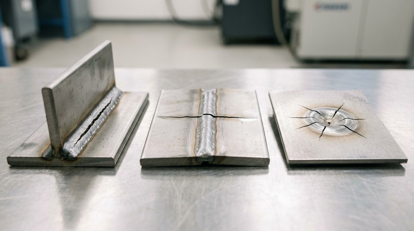 Types of welding cracks showing longitudinal, transverse, and crater hot cracking