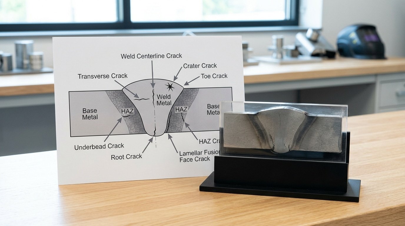 Diagram showing the 8 types of welding cracks and their locations in a weld joint