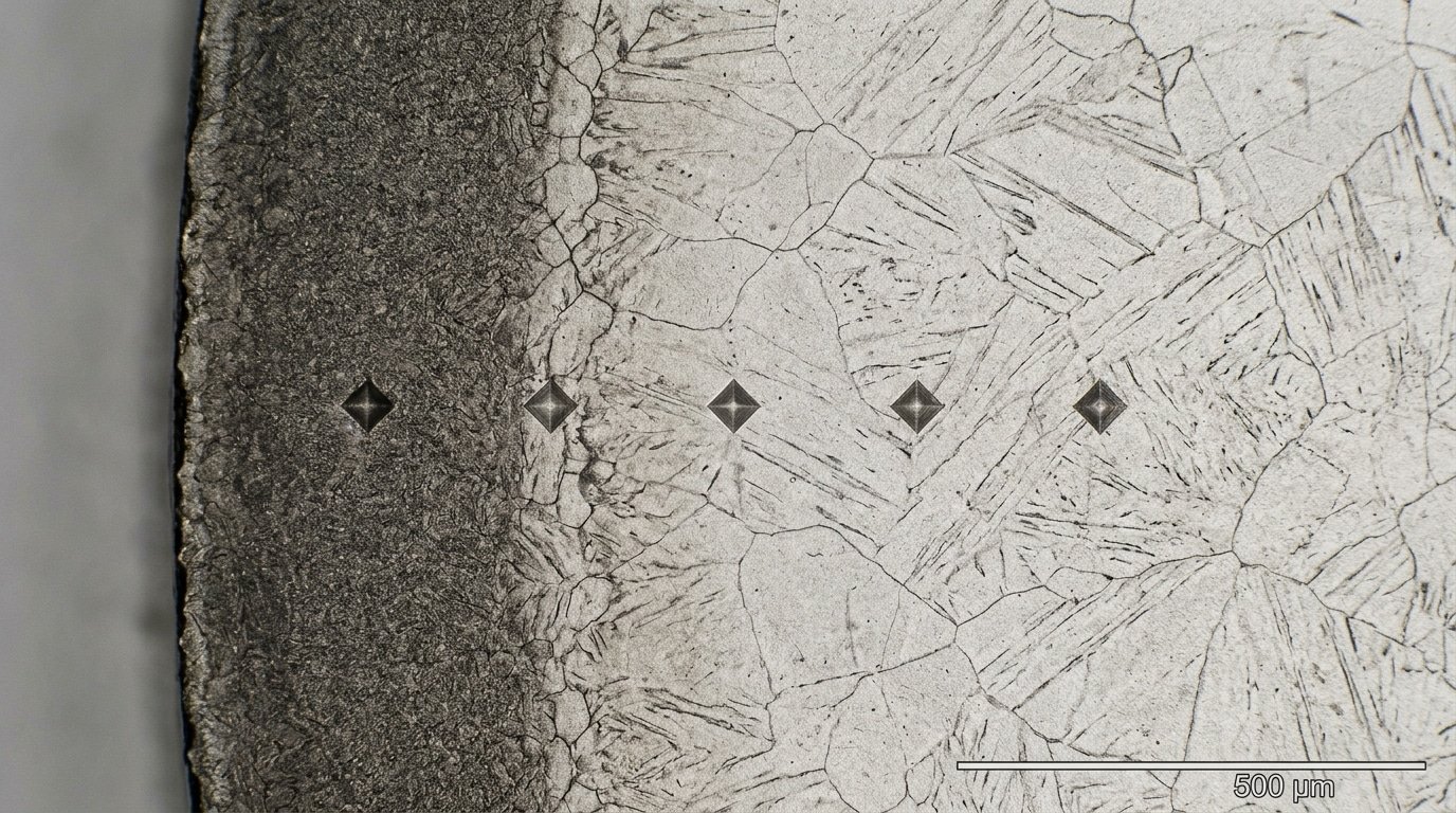 8620 steel carburized case-core hardness profile micrograph