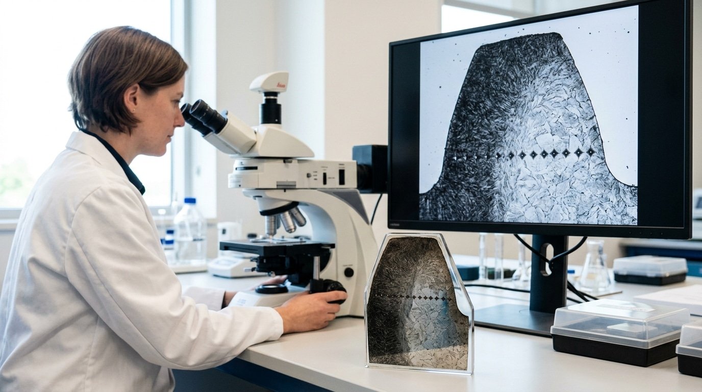 8620 steel carburized case-depth micrograph with hardness traverse