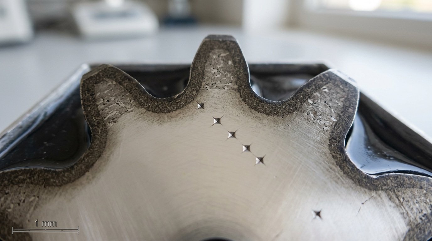 8620 steel carburized case and core cross-section with hardness profile
