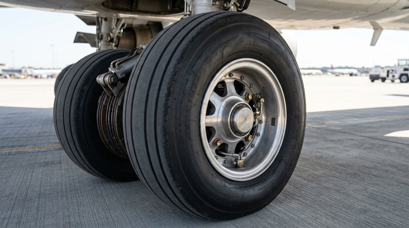 components of aircraft landing gear wheel and tire assembly with visible tread grooves and heat-fuse plugs