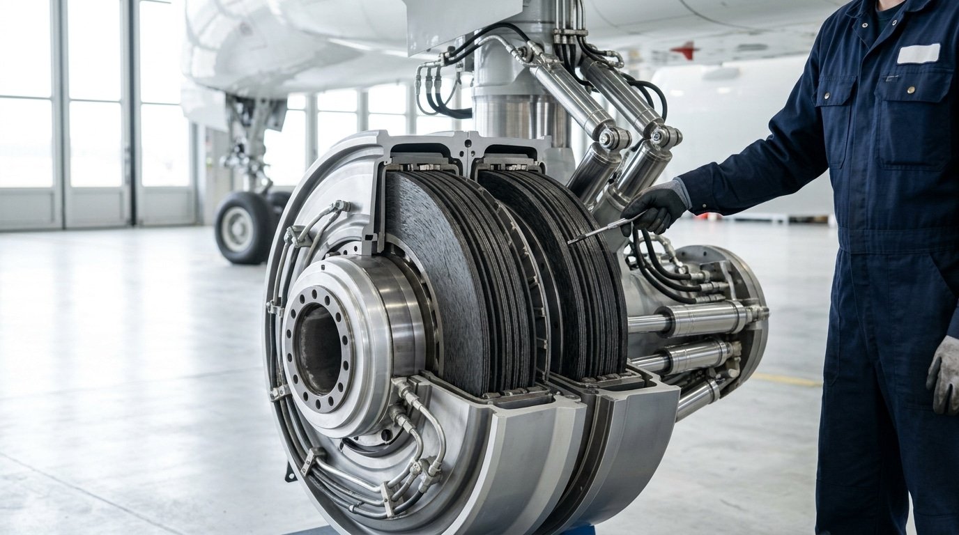 components of aircraft landing gear brake assembly with carbon-carbon disc stack