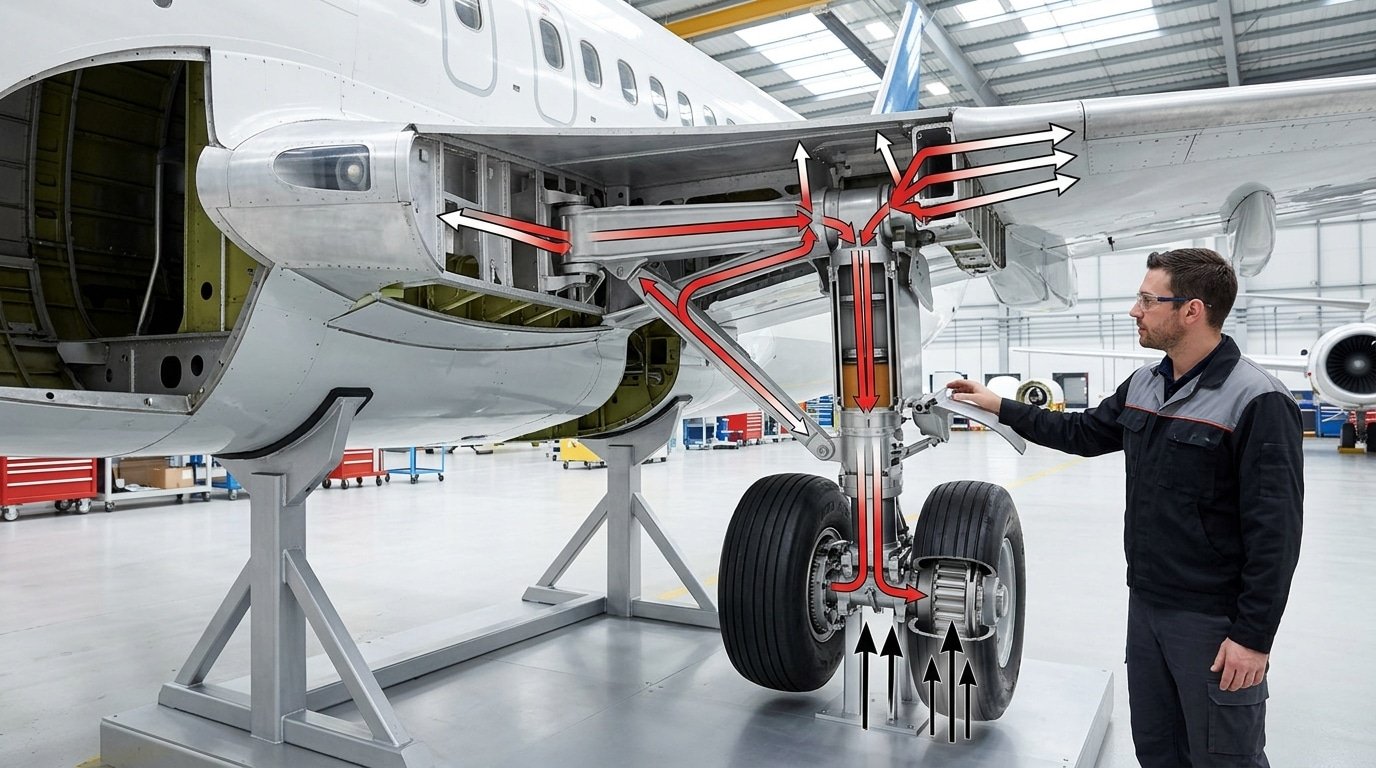 Force flow diagram showing components of aircraft landing gear as a structural load path