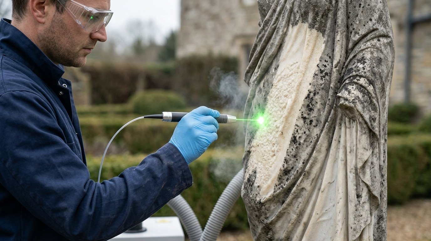 laser cleaning machine removing biofilm from marble stone façade