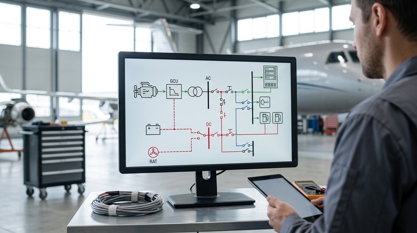 aircraft electrical system components power flow diagram from generator to load