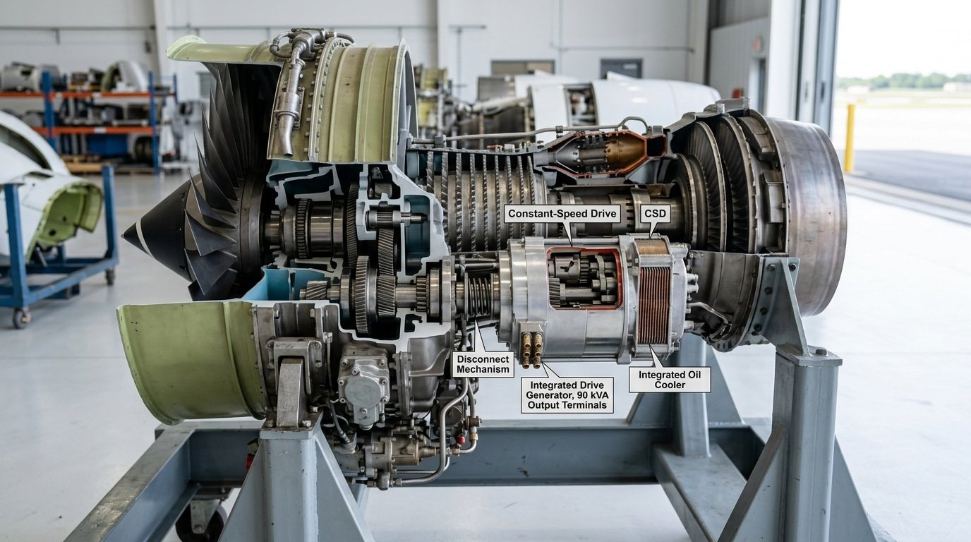 aircraft electrical system components including IDG, CSD and APU generator layout on a transport jet