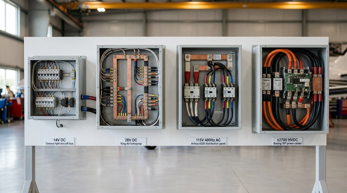 aircraft electrical system components voltage architecture comparison 14V 28V 115V 270V