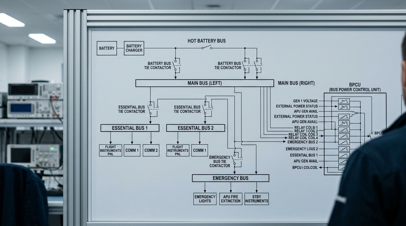 aircraft electrical system components bus hierarchy and bus tie contactor diagram