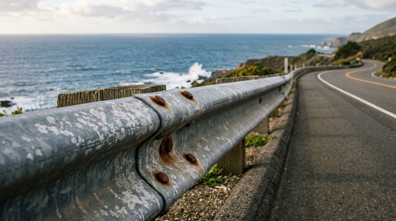 Galvanized steel guardrail in ISO 9223 C5-M coastal corrosivity zone