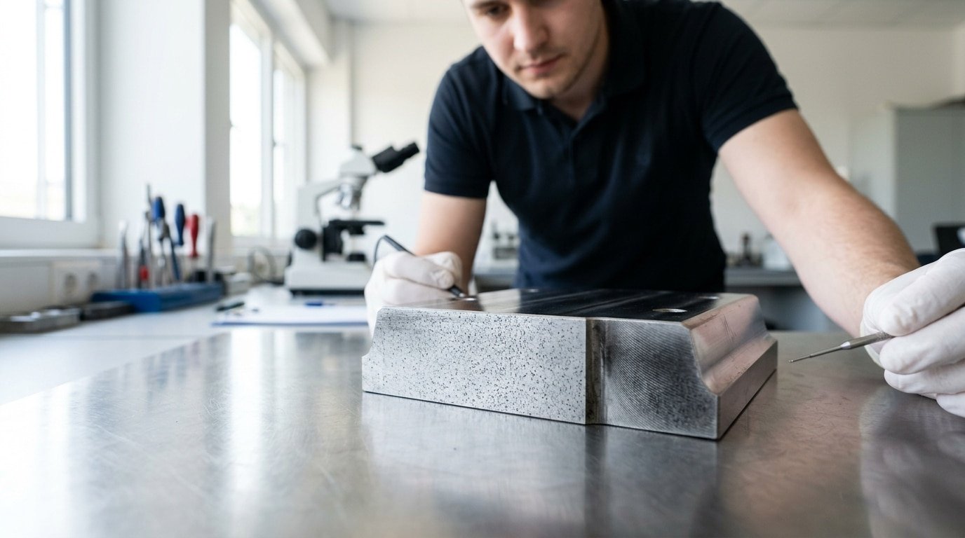 H13 tool steel die insert showing 5% Cr 1.3% Mo composition and heat checking pattern
