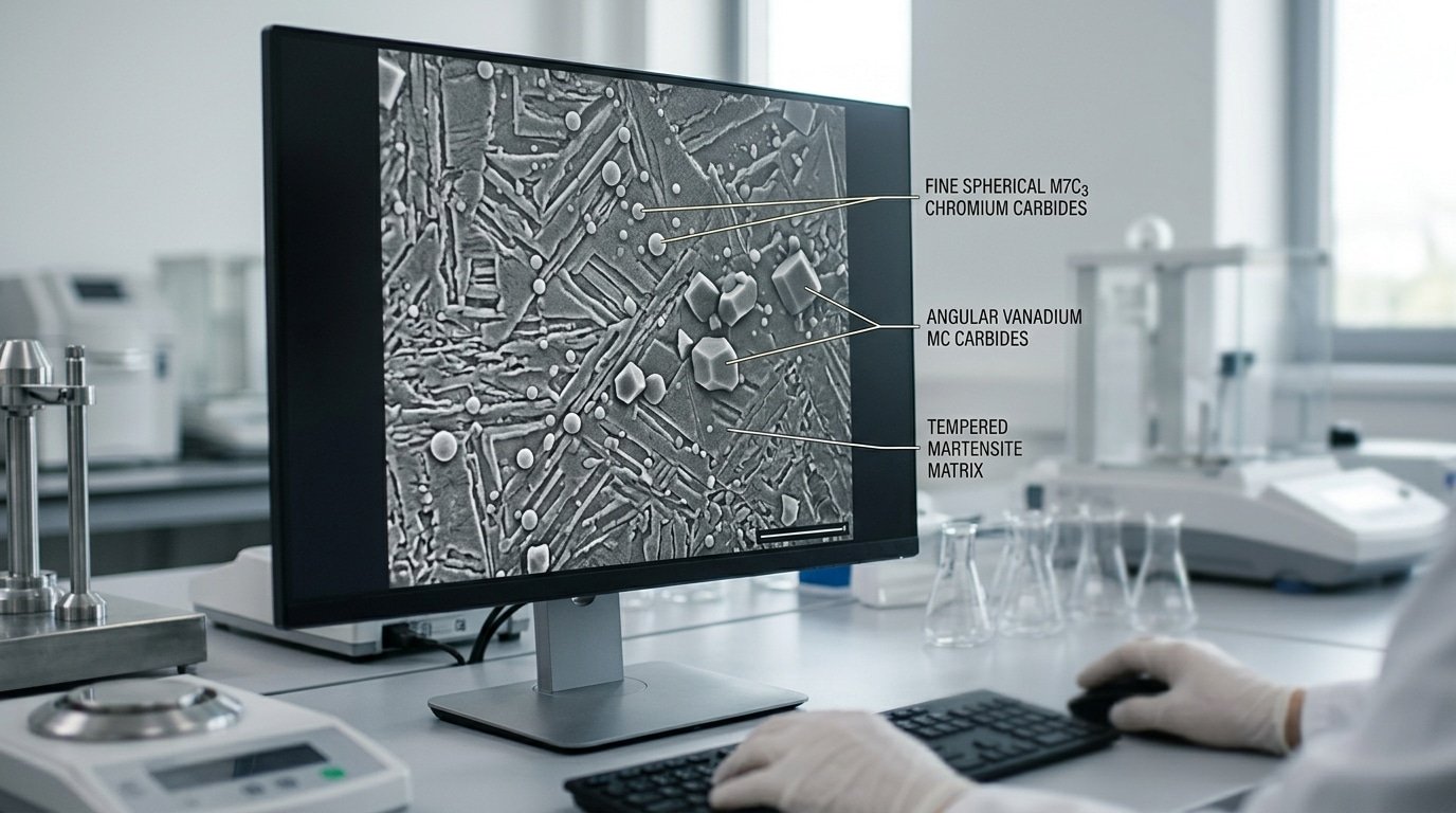 H13 tool steel microstructure showing chromium molybdenum vanadium carbides