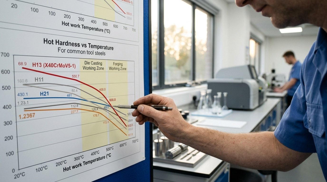 H13 tool steel hot hardness comparison chart versus H11 H21 and 1.2367 hot-work steels