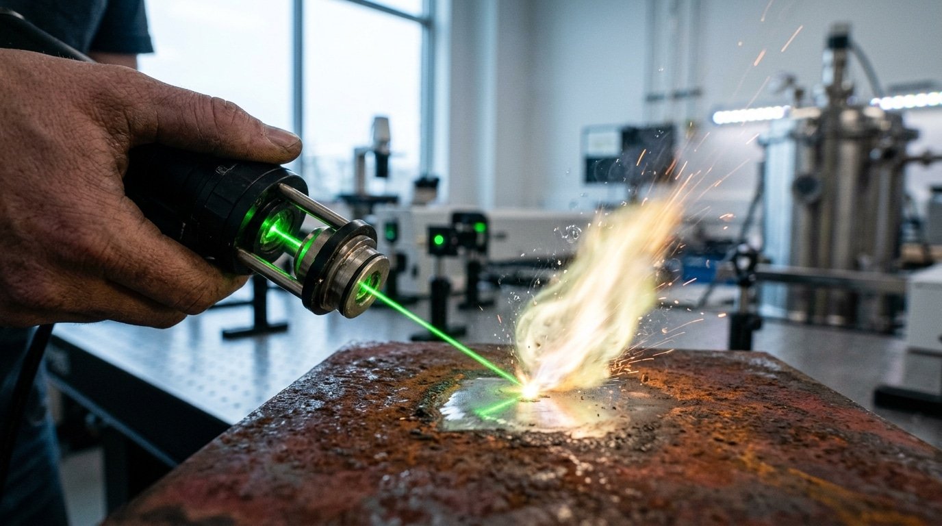 Handheld laser cleaning machine ablation mechanism showing wavelength absorption and plasma ejection on rusted steel