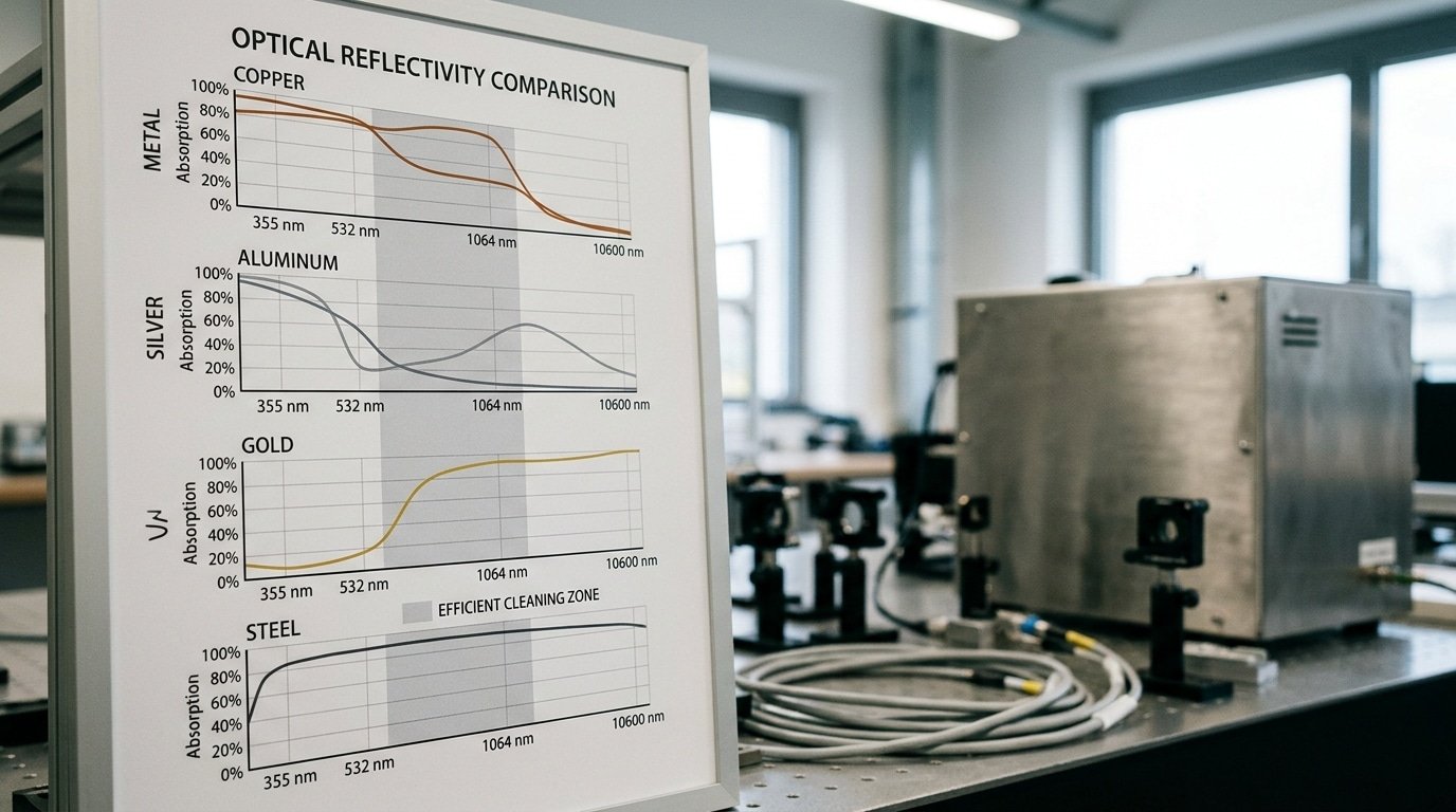 Wavelength reflectivity chart for handheld laser cleaning machine across copper aluminum steel and gold