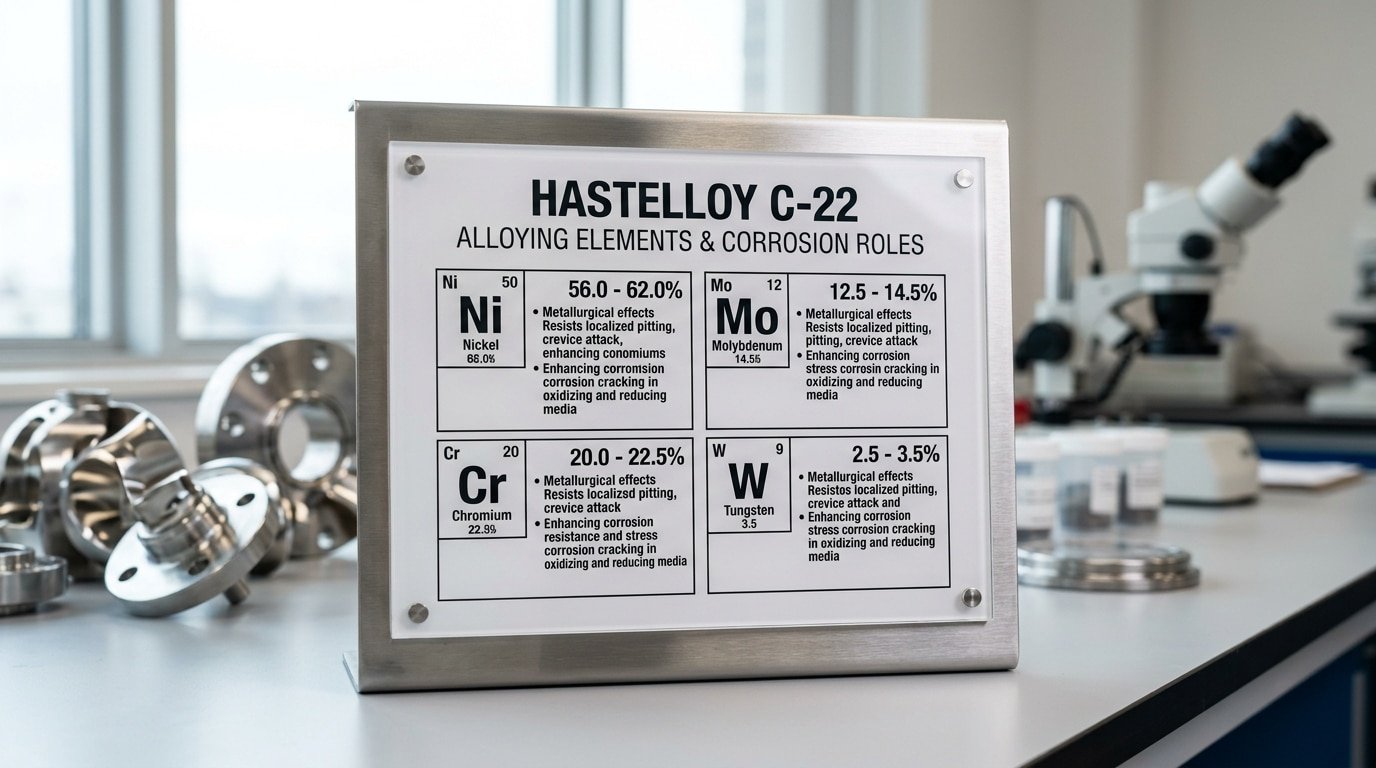 Hastelloy C-22 chemical composition breakdown showing Cr Mo W Ni roles