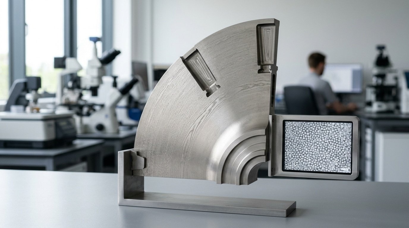 Inconel 718 turbine disk cutaway showing forged microstructure and gamma double-prime strengthening phase