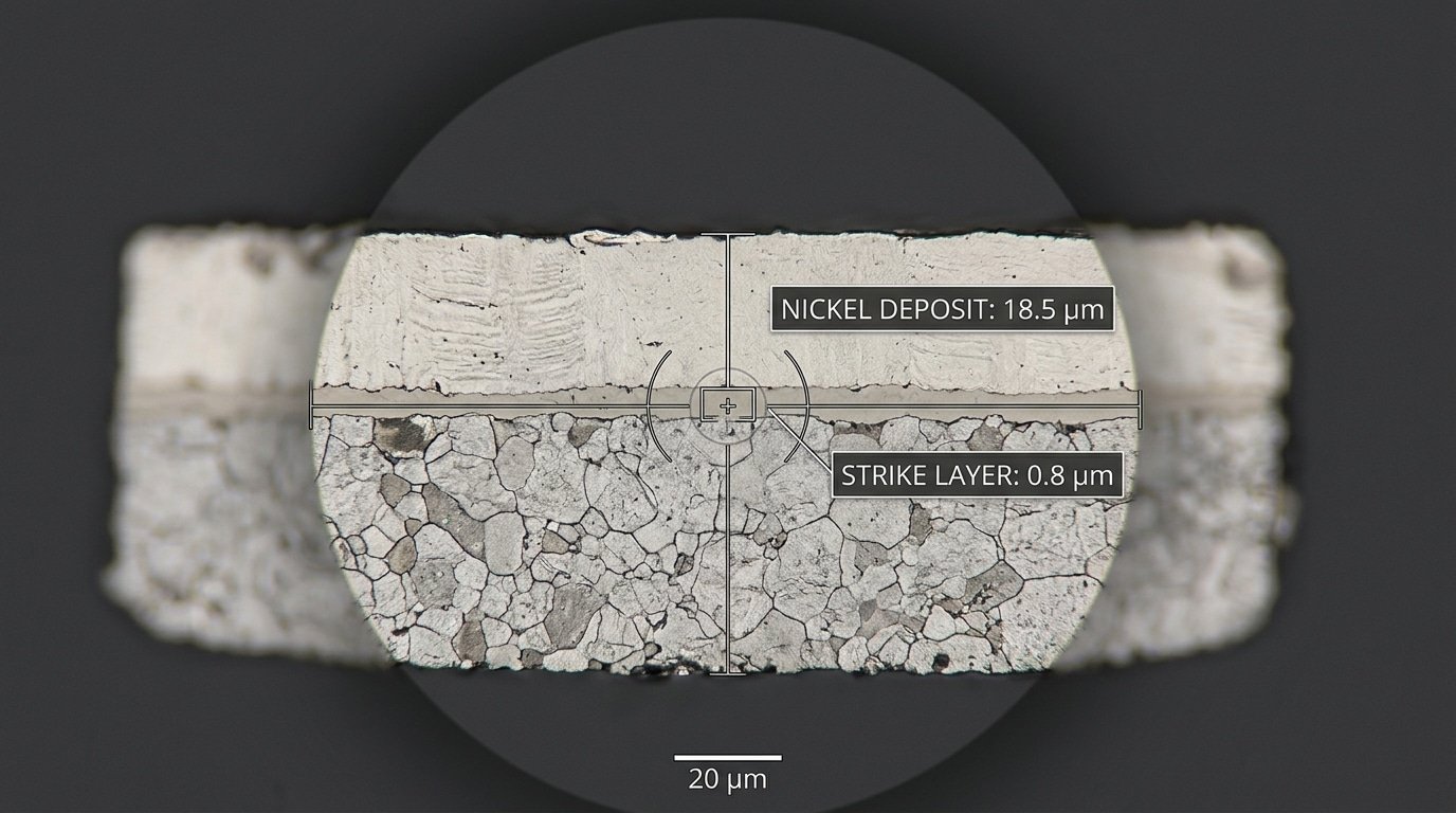 Nickel plated steel cross section showing electroplated nickel layer thickness on mild steel substrate