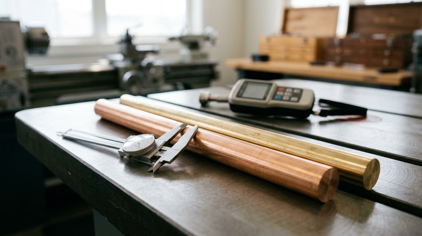 Silicon bronze and brass rod samples compared side by side with hardness testing equipment