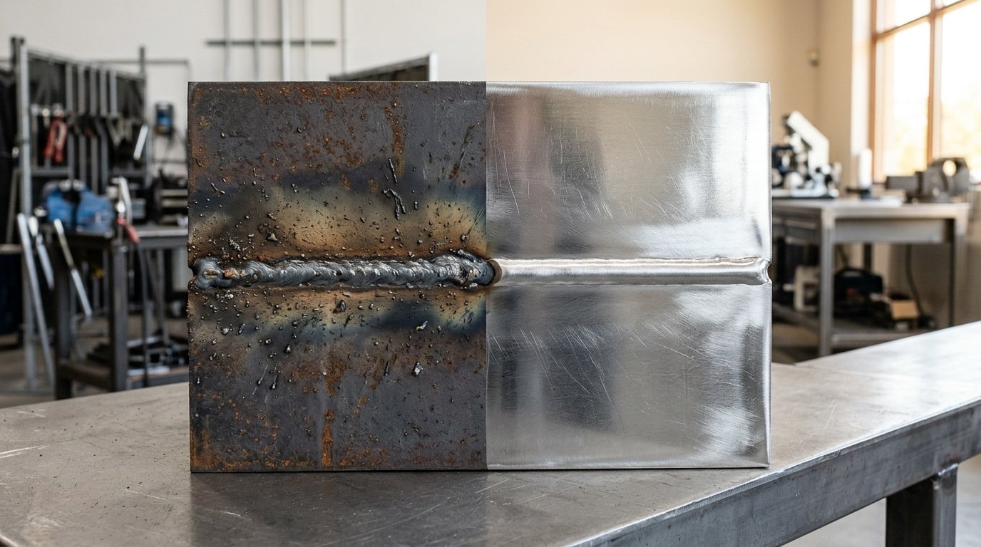 What causes welding spatter from contaminated base metal versus properly cleaned steel