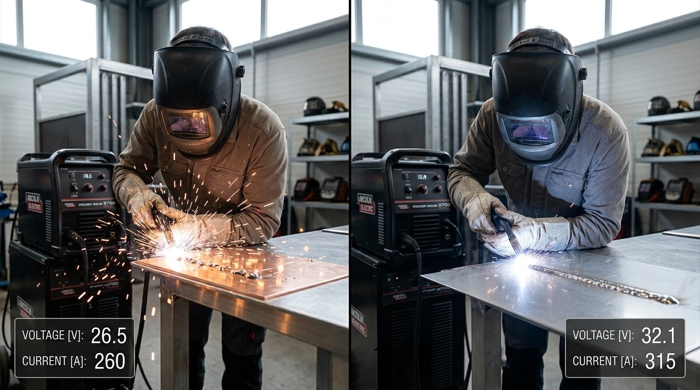 Voltage and amperage settings causing welding spatter in globular versus spray transfer modes