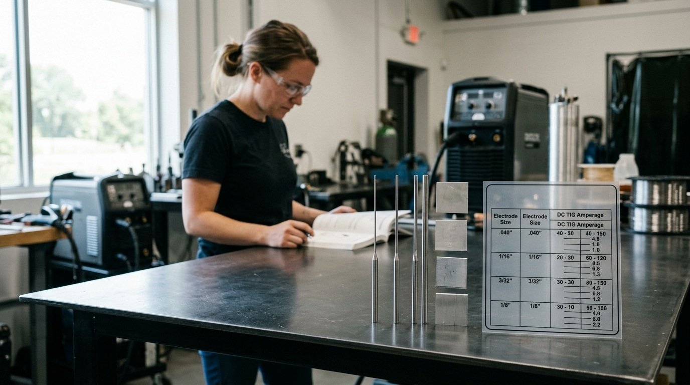Tungsten diameter selection chart for aluminum TIG welding by thickness and AC amperage