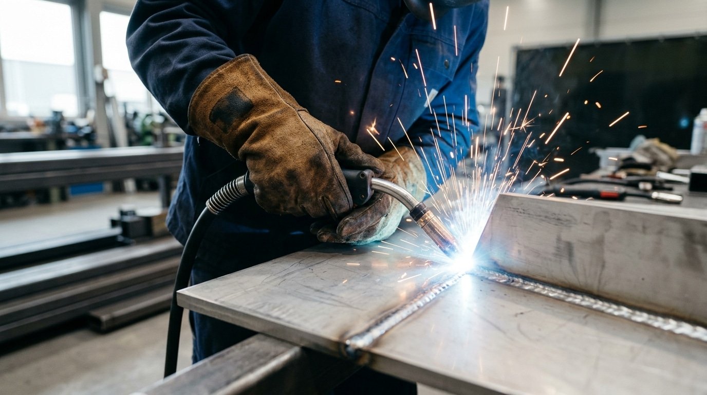 welder performing weld verb action on steel plate