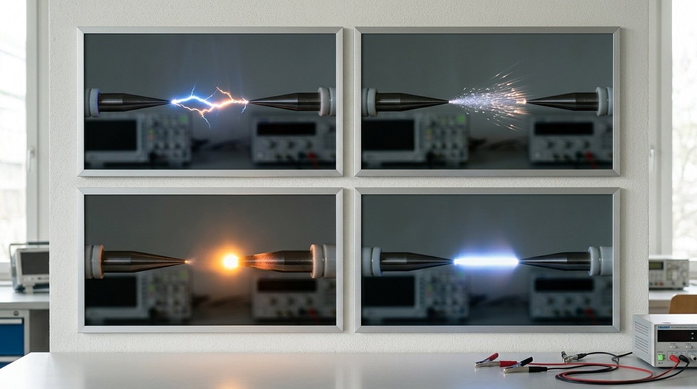 Four stages of electric arc formation showing arc voltage transition from ignition to burning