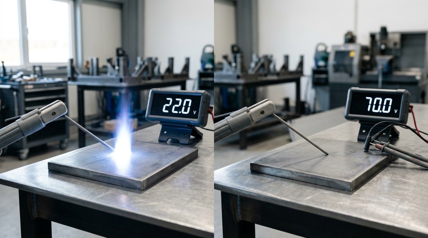 What is arc voltage diagram showing measured plasma drop versus open-circuit voltage in welding