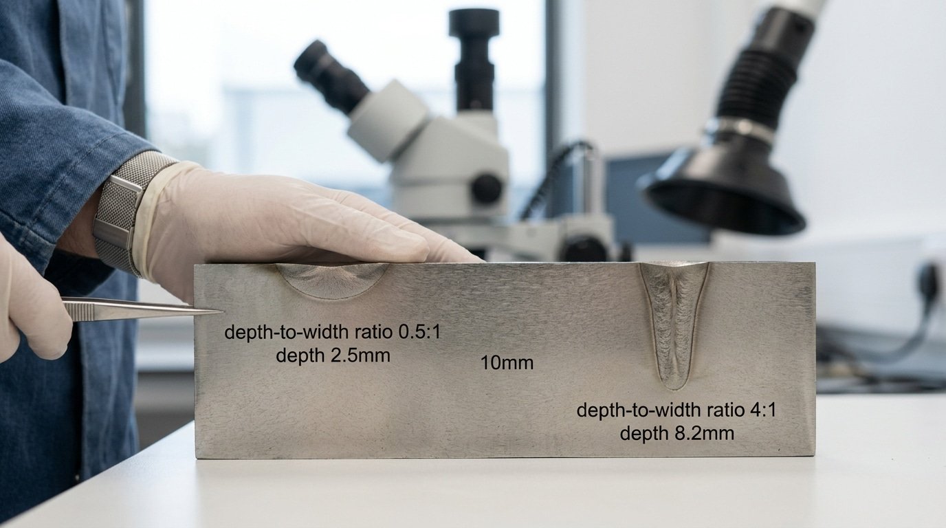 Deep penetration welding cross-section showing 10:1 keyhole weld versus shallow conduction weld