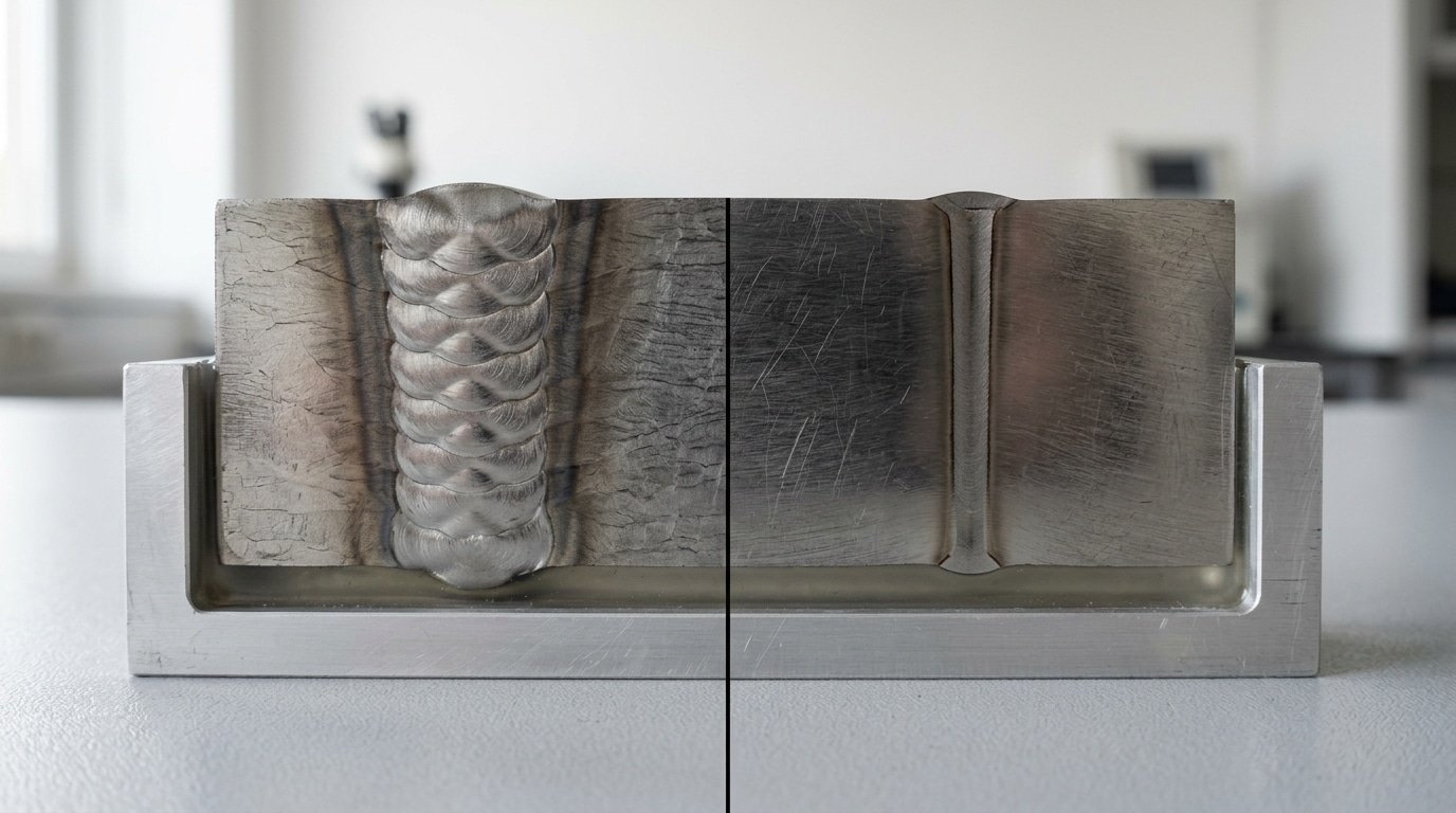 deep penetration welding vs multi-pass GMAW cross section comparison on 20 mm steel