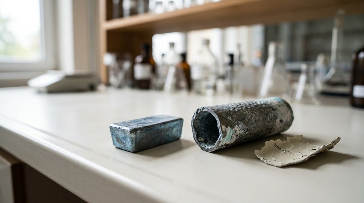 Lead metal ingot Pb atomic number 82 shown with lead paint chip and corroded lead pipe