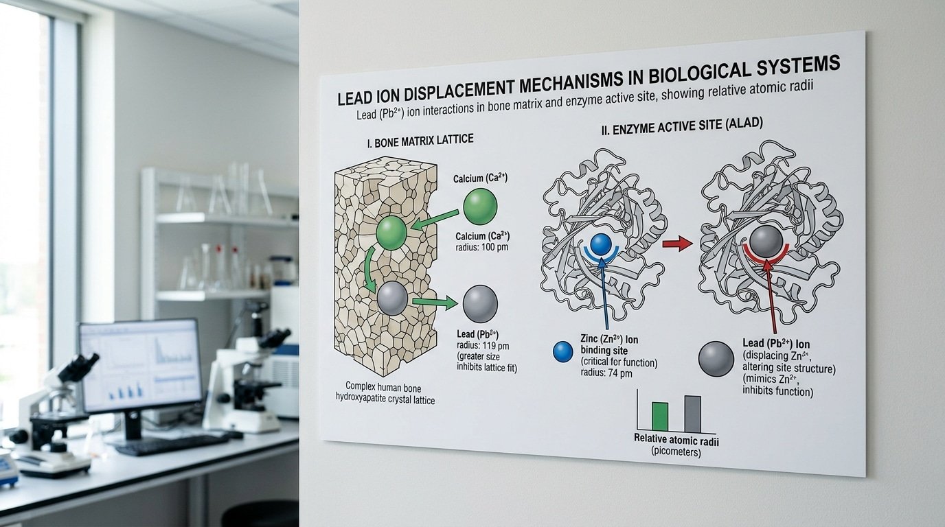 Molecular diagram of lead ion mimicking calcium and zinc in the human body