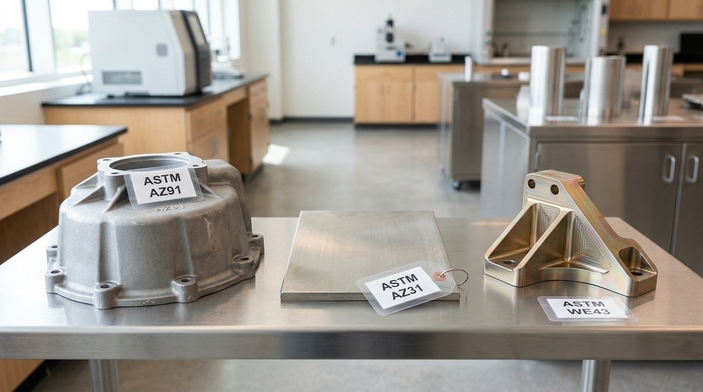 Magnesium alloy grades AZ91, AZ31, and WE43 shown in cast and wrought forms