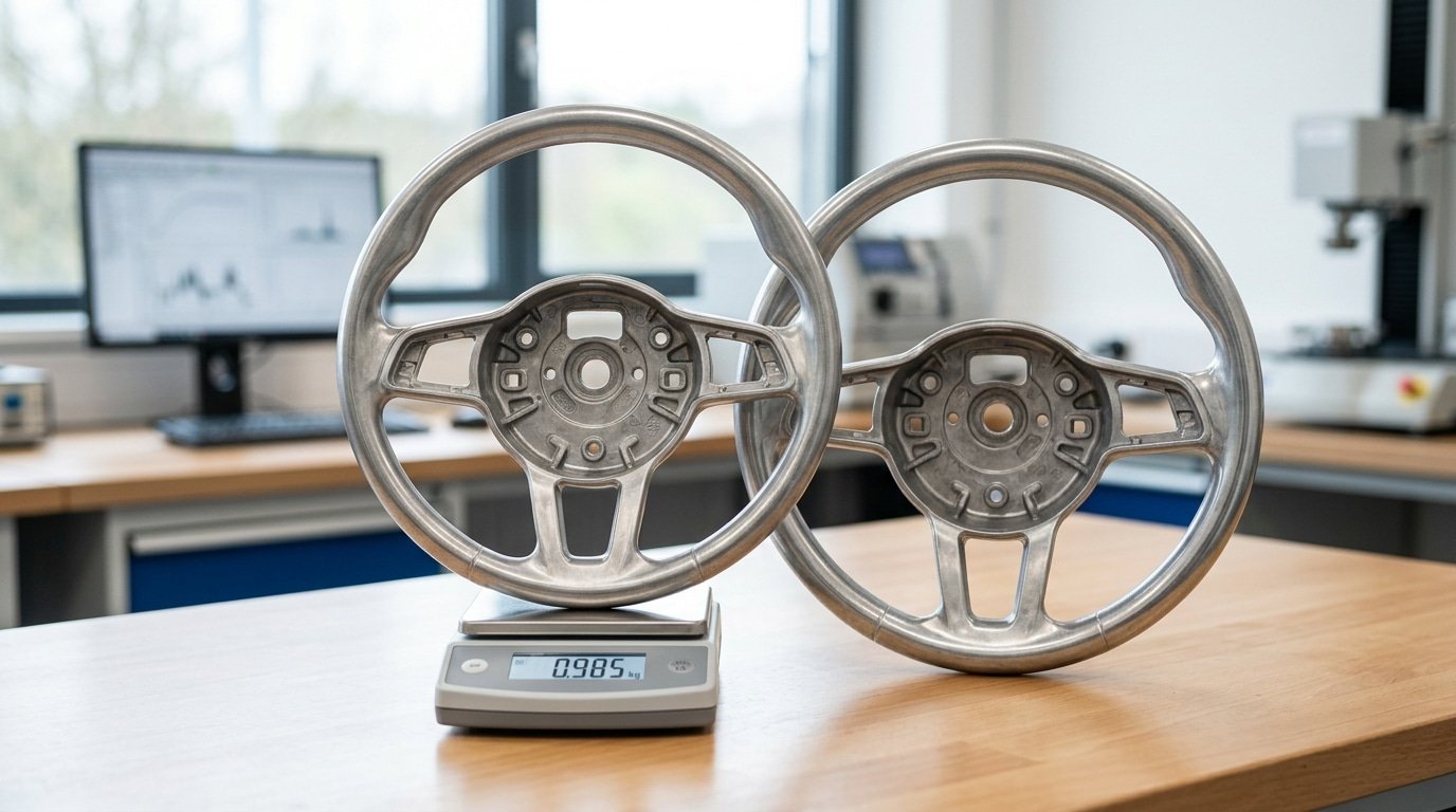 Magnesium alloy steering wheel armature compared to aluminum showing weight savings