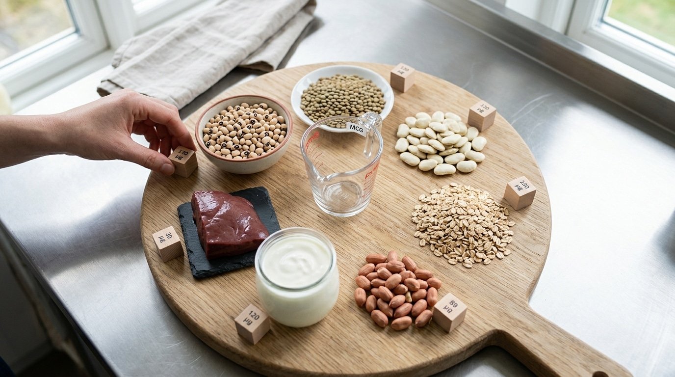 Molybdenum food sources comparison showing µg per serving for legumes, grains, and beef liver