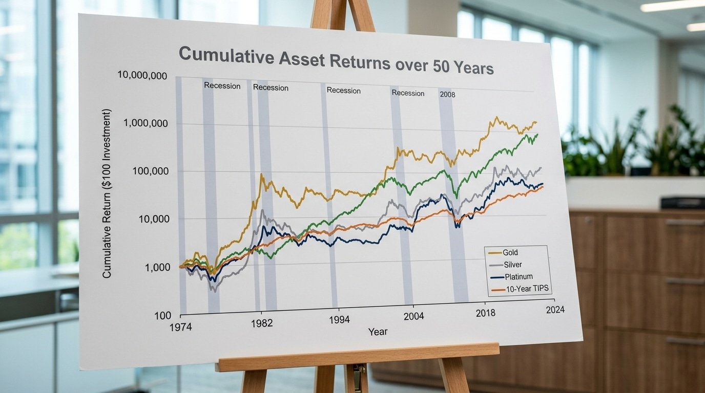 Precious metals historical returns vs equities and TIPS chart 1974-2024