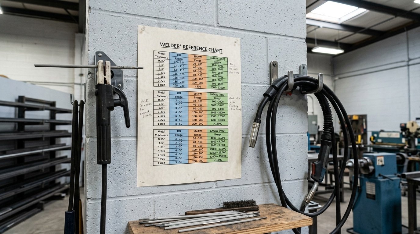 welding current chart showing how welding current affects weld formation across electrode sizes