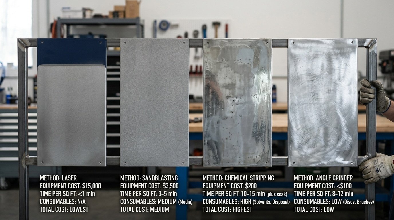 laser paint removal cost per square foot versus sandblasting and chemical stripping comparison