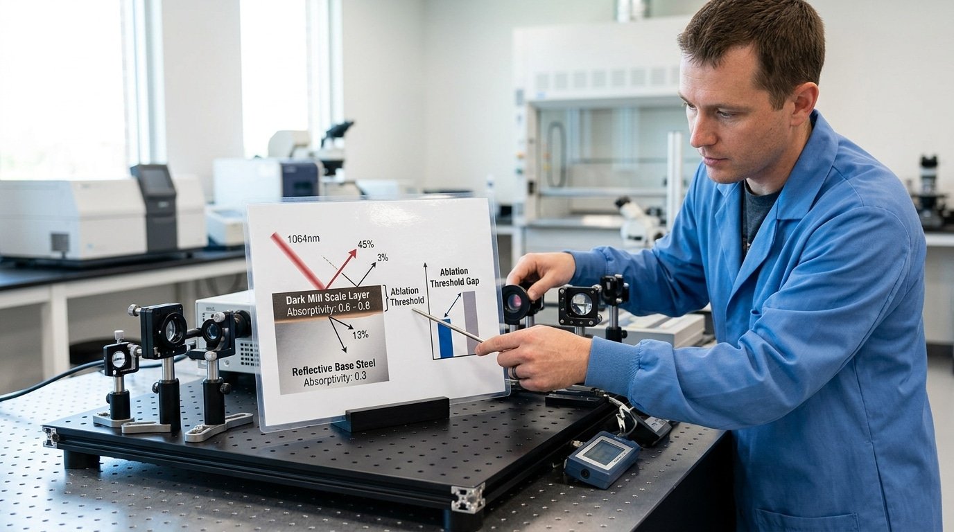 How mill scale affects laser cleaning and welding quality through differential laser absorptivity