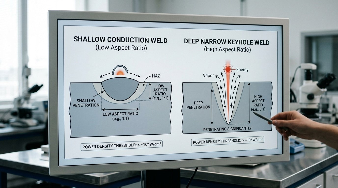 conduction vs keyhole laser welding mode thermal conductivity power density threshold