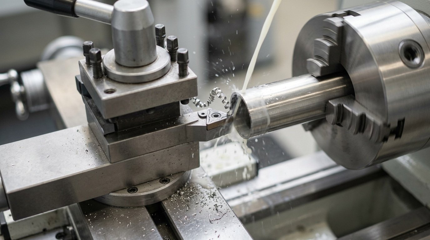 Positive rake insert turning thin-wall stainless steel pipe with controlled depth of cut