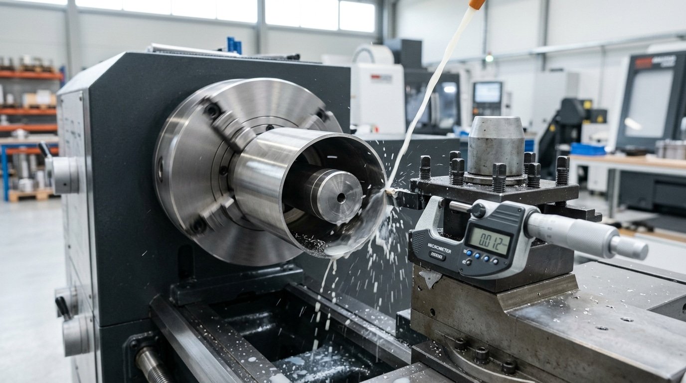Precision machining of stainless steel pipes showing tight OD tolerance measurement on CNC lathe