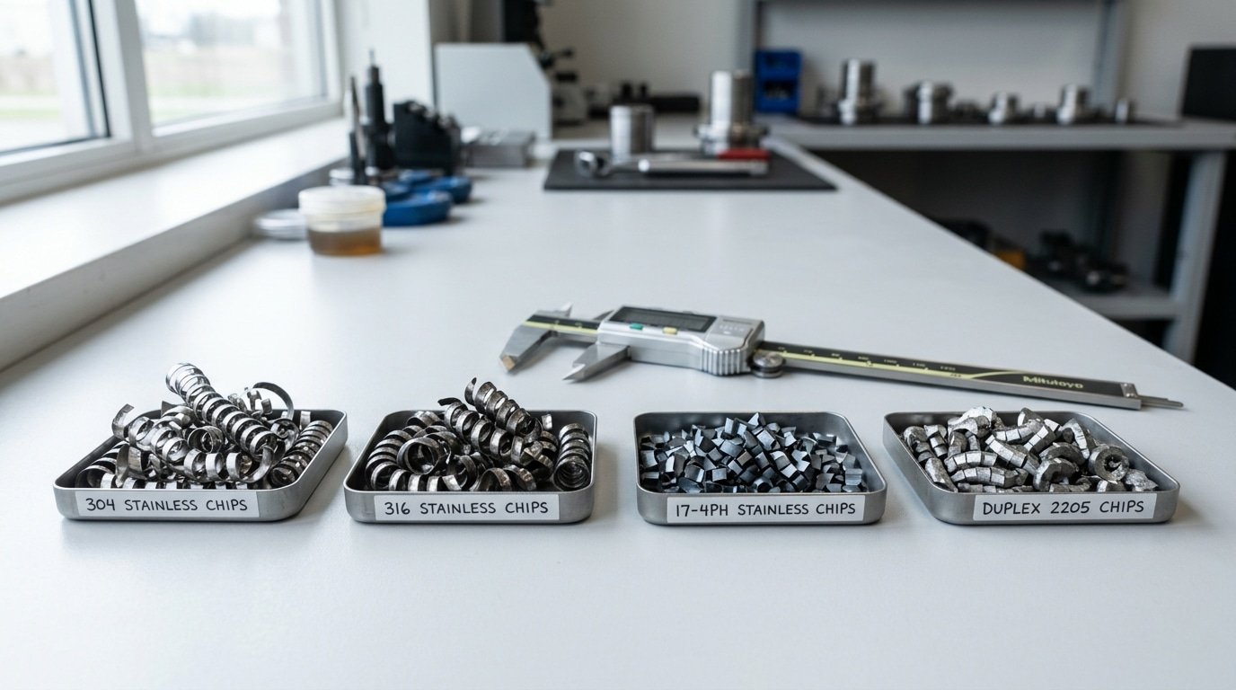 Chip comparison for precision machining of stainless steel pipes across 304, 316, 17-4PH, and duplex grades