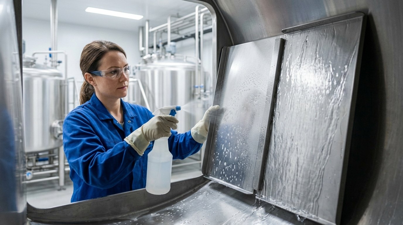 Cleaning and degreasing food grade stainless steel before surface treatment