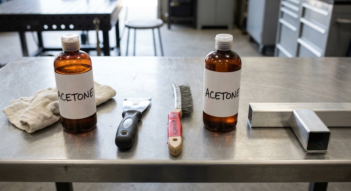 Four-step aluminum GTAW cleaning workflow from acetone degrease to stainless wire brush