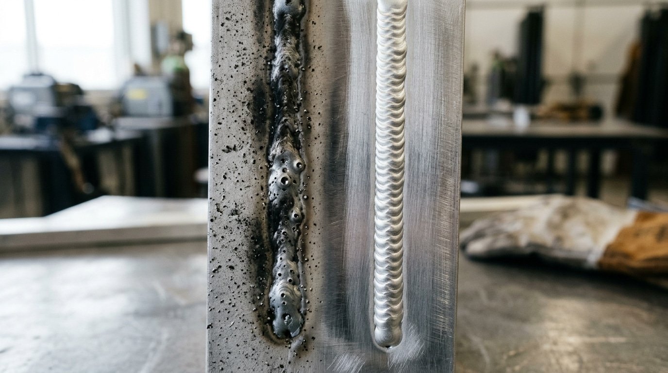 Comparison of aluminum GTAW welds showing porosity from poor prep versus clean bead after proper preparation