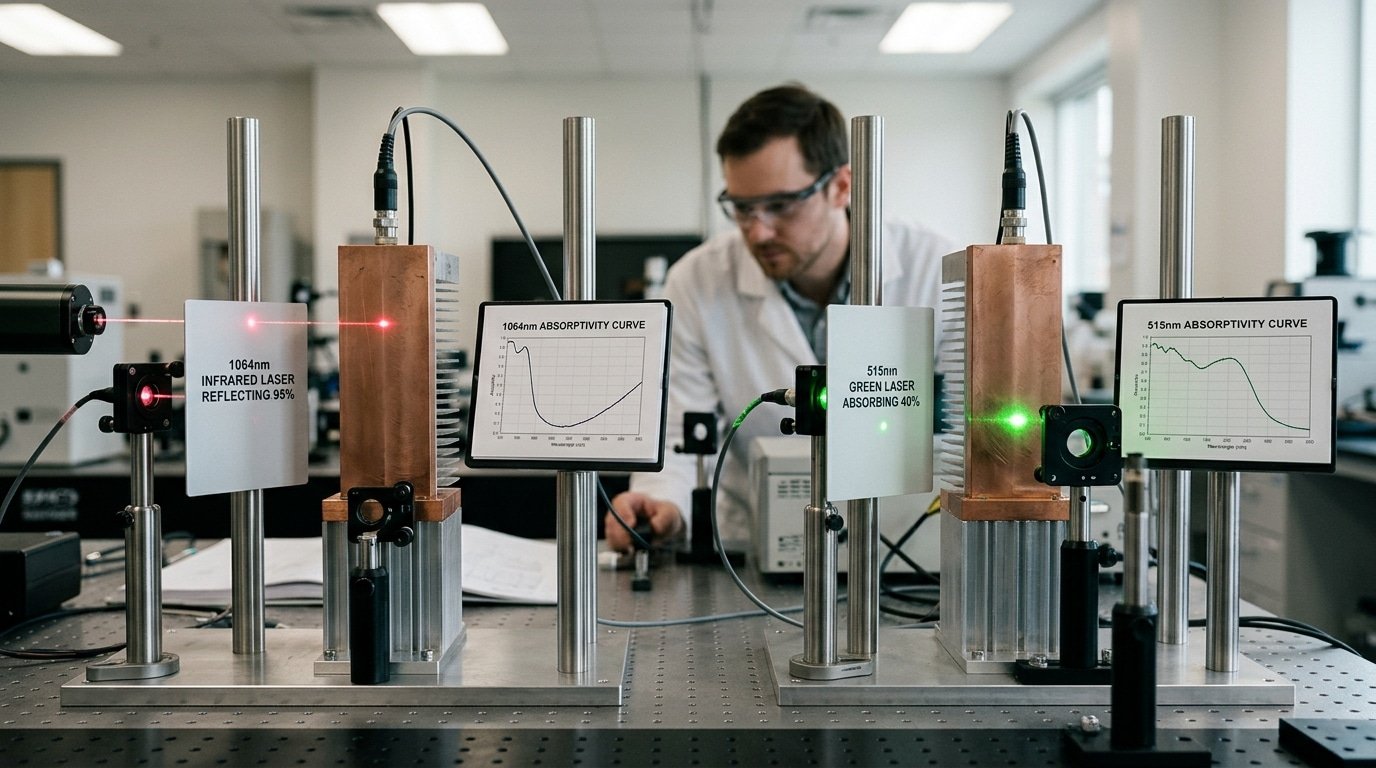 wavelength-dependent absorptivity of copper showing why melting point alone does not predict laser weldability