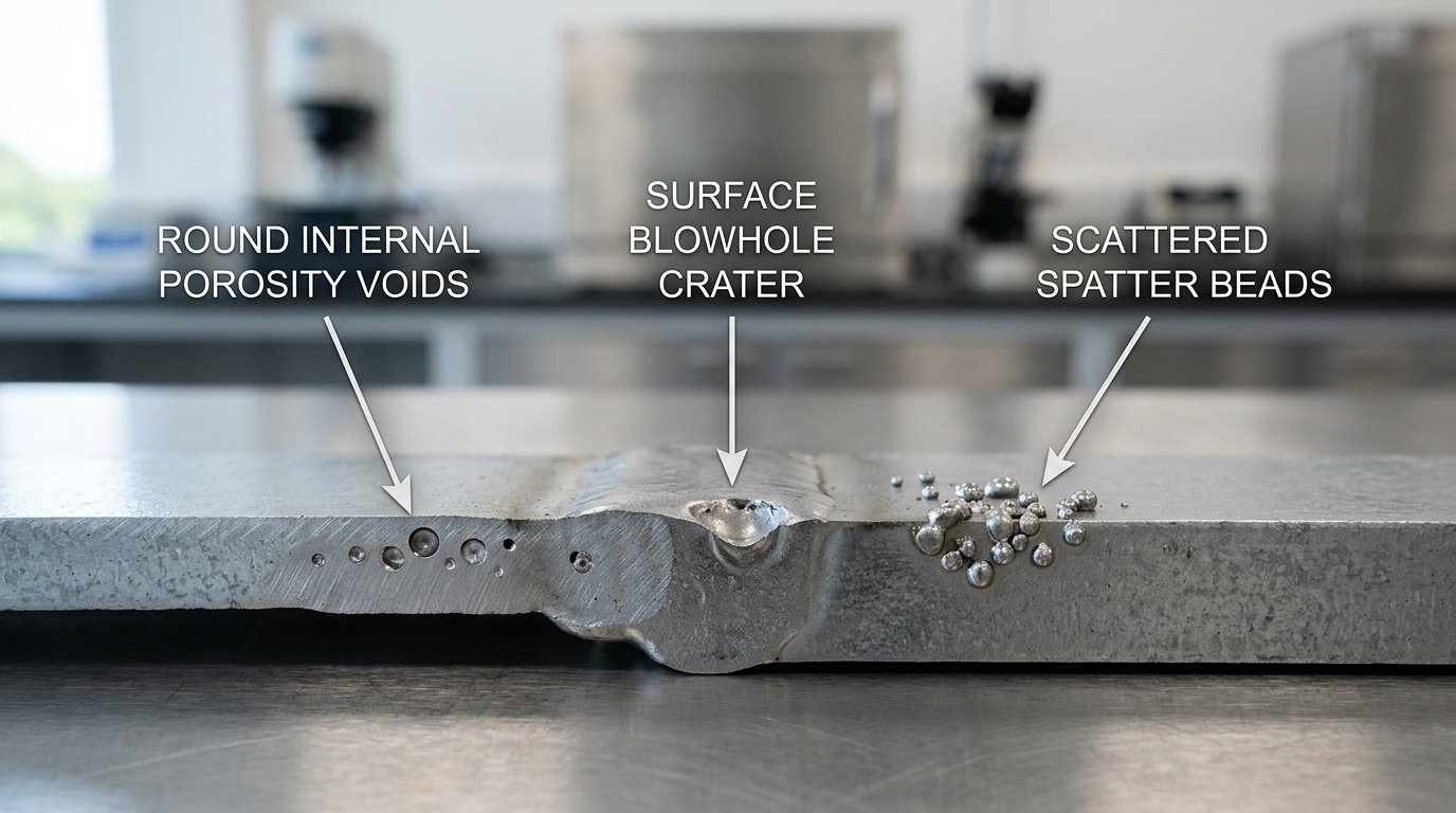 Visual gallery of porosity blowholes and spatter defects in laser welded galvanized steel